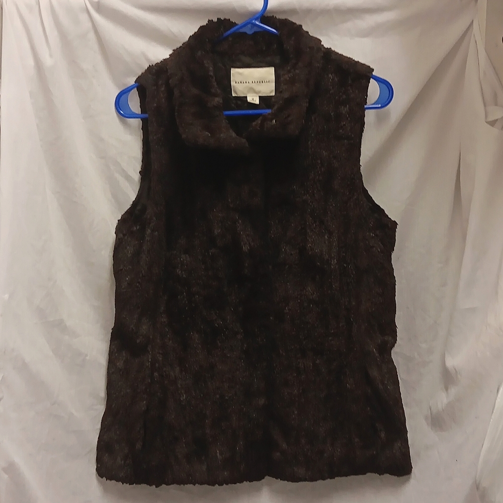 Banana Republic Faux Fur Collared Button Up Vest Dark Brown Women's Size Medium